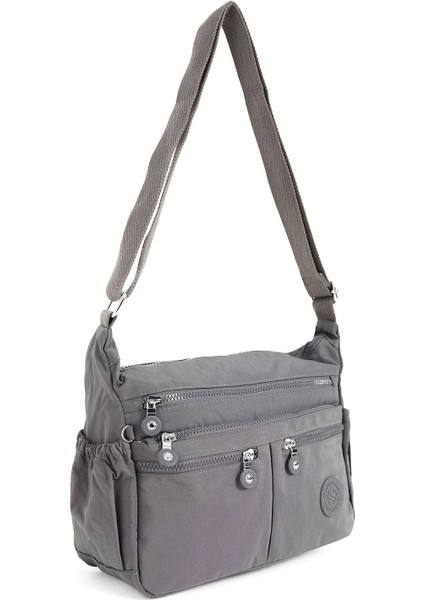 Kadın Suya Dayanıklı Krinkıl Kumaş Çok Gözlü Ayarlanabilir Koyu Gri Çapraz Askılı Omuz Çantası