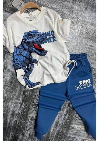 Erkek Çocuk Dinazor Digital Baskı ve Yazı Detaylı T-Shirt Mavi Eşofman Takım