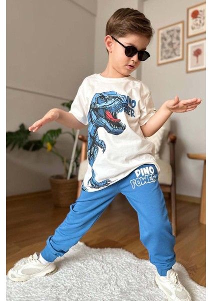 Erkek Çocuk Dinazor Digital Baskı ve Yazı Detaylı T-Shirt Mavi Eşofman Takım fiyatları