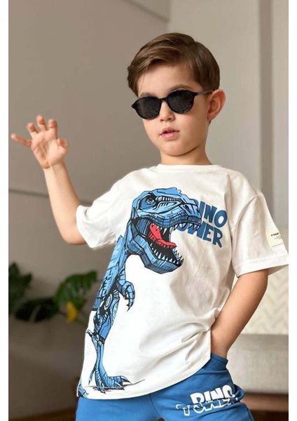 Erkek Çocuk Dinazor Digital Baskı ve Yazı Detaylı T-Shirt Mavi Eşofman Takım fırsatları