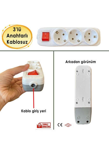 Grup Priz 3'lü Anahtarlı Kablosuz Topraklı Başlık Klemensli Çoğaltma Üçlü Piriz