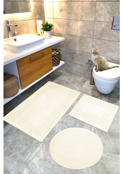 Pamuklu Dokuma Su Emici Banyo Paspas Seti, Banyo Halısı, Vera, 3 Lü Set, Klozet Takım 60X100 - 60X50 - 60X60