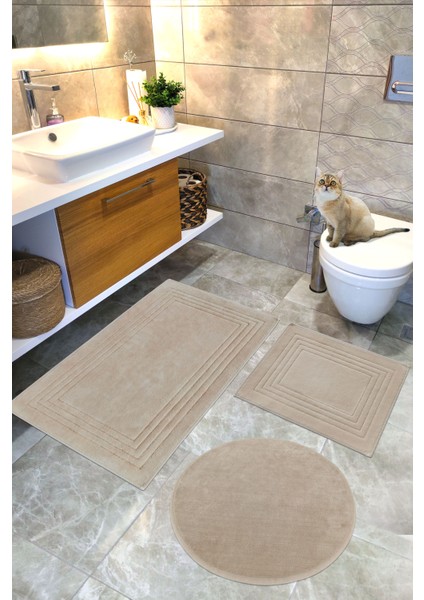 Pamuklu Dokuma Su Emici Banyo Paspas Seti, Banyo Halısı, Vera, 3 Lü Set, Klozet Takım 60X100 - 60X50 - 60X60