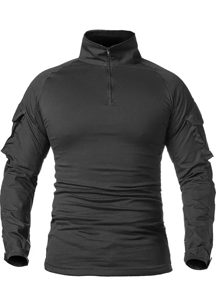 Erkekler Uzun Kollu Savaş Gömlek 1/4 Fermuarı Ripstop Pamuk Taktik Gömlek Lacivert Camoufalge T Shirt Renk: Siyah/boyut: Cn L (Yurt Dışından)