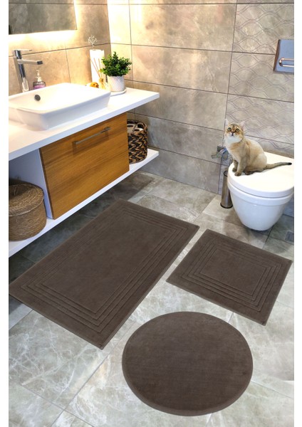 Pamuklu Dokuma Su Emici Banyo Paspas Seti, Banyo Halısı, Vera, 3 Lü Set, Klozet Takım 60X100 - 60X50 - 60X60