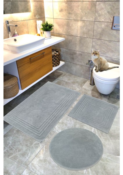 Pamuklu Dokuma Su Emici Banyo Paspas Seti, Banyo Halısı, Vera, 3 Lü Set, Klozet Takım 60X100 - 60X50 - 60X60