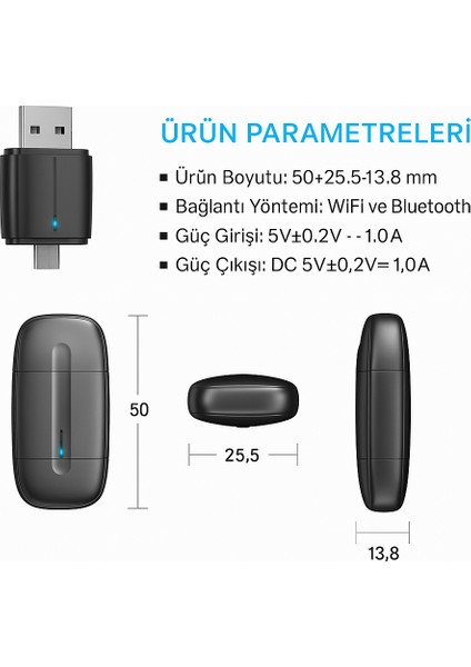 Araç Içi 2in1 Android ve Apple Cihazlar Için Kablosuz Android Auto ve Carplay Adaptörü