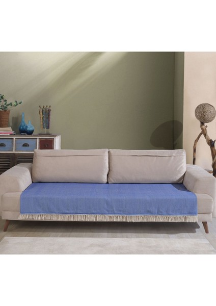 Mavi Pamuklu Koltuk Örtüsü 115X200 Önden Saçaklı Çizgili Desenli modelleri