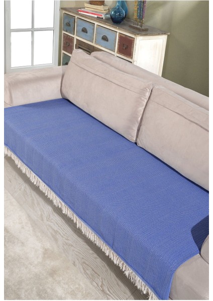 Mavi Pamuklu Koltuk Örtüsü 115X200 Önden Saçaklı Çizgili Desenli fırsatları