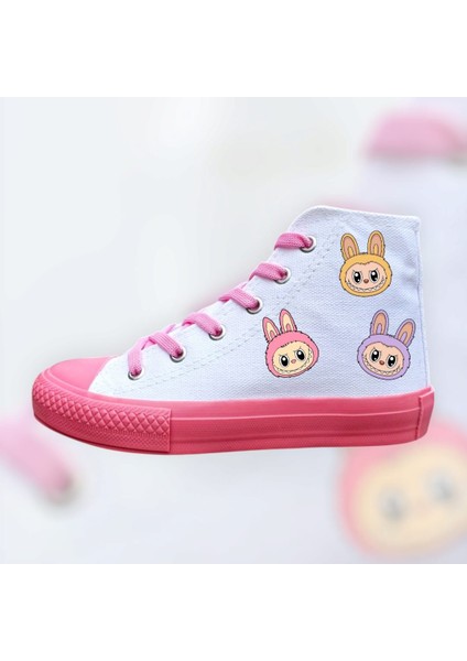 Beyaz Pembe Taban Lololi Kafalar Baskılı Bağcıklı Çocuk Spor Ayakkabı Sneaker