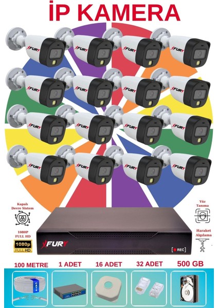 16 Lı Ip Güvenlik Kamera Seti Sesli 4mp Gece Renkli Su Geçirmez 5515S 500GB fiyatları