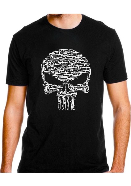 Alfa Punisher Baskılı Siyah Beyaz Tişört