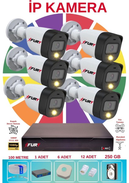 6 Lı Ip Güvenlik Kamera Seti Sesli 4mp Gece Renkli Su Geçirmez 5515S 250GB