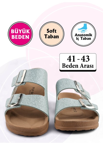 Parıltılı Su Yeşili Renk Anatomik Taban Kadın Terlik (Büyük Beden 41-43)