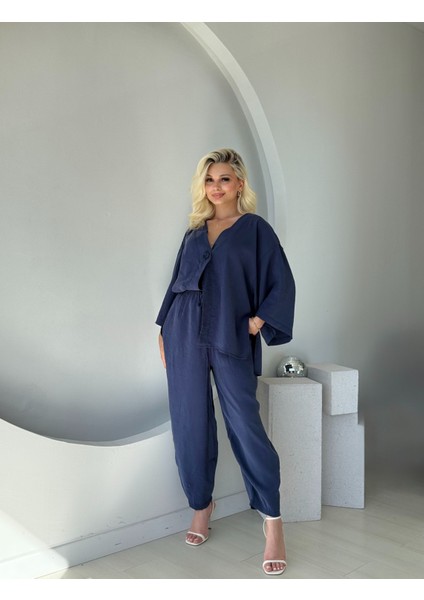 Lacivert Tek Düğmeli Bluz Pantolon Takım