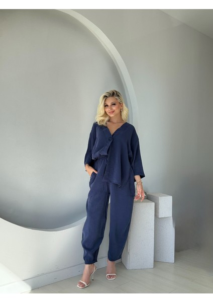 Lacivert Tek Düğmeli Bluz Pantolon Takım fiyatları