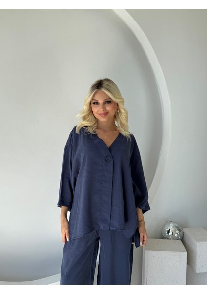 Lacivert Tek Düğmeli Bluz Pantolon Takım modelleri