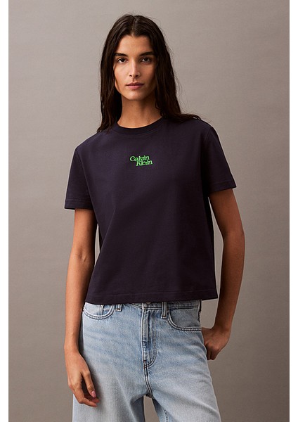 Kadın Ck Flocked Logo T-Shirt - Lacivert