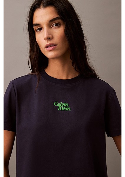 Kadın Ck Flocked Logo T-Shirt - Lacivert indirimleri
