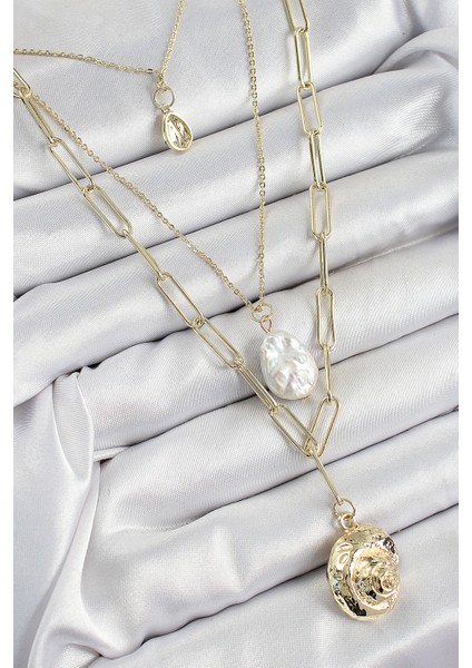 Pirinç Çoklu Zincirli Incili Deniz Kabuğu Model Gold Renk Kadın Kolye fiyatları