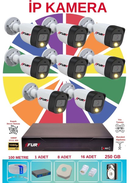 8 Li Ip Güvenlik Kamera Seti Sesli 4mp Gece Renkli Su Geçirmez 5515S 250GB