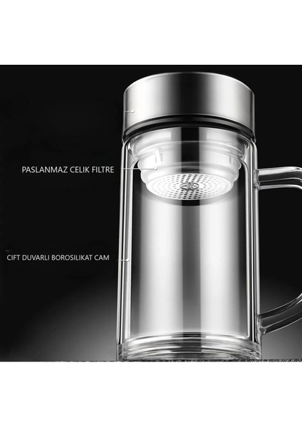 Bitki Çayı Termosu Filtreli Kuluplu Cam Termos 360ML Çift Katmanlı Paslanmaz Çelik Cam Termos