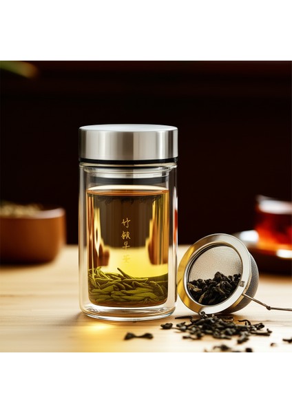 Bitki Çayı Termosu Filtreli Kuluplu Cam Termos 360ML Çift Katmanlı Paslanmaz Çelik Cam Termos