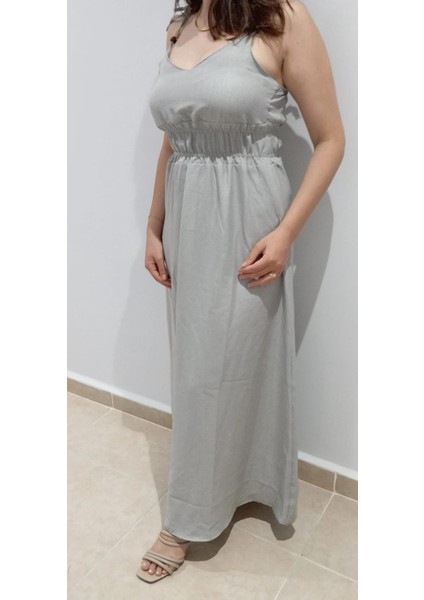 Is Berceste Gri Ip Askılı Beli Lastikli Keten Elbise