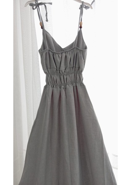Is Berceste Gri Ip Askılı Beli Lastikli Keten Elbise modelleri