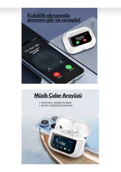 Ekranlı Apple Tarzı Bluetoothlu Türkçe Beyaz Kulaklık