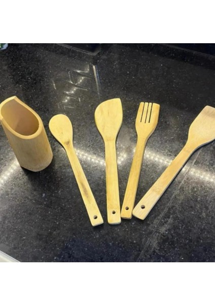 Standlı Ahşap Bambu Kaşık Çatal Kevgir Kepçe Servis Seti Bambu Servis Seti modelleri