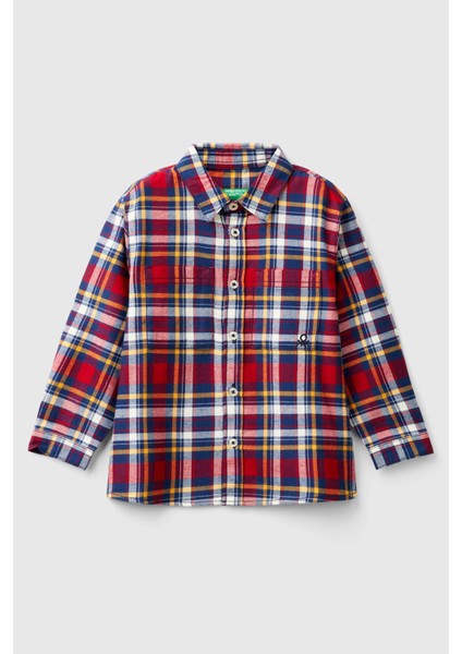 Erkek Çocuk Önü Cepli Logolu Kareli Uzun Kollu Gömlek - Kırmızı Mix