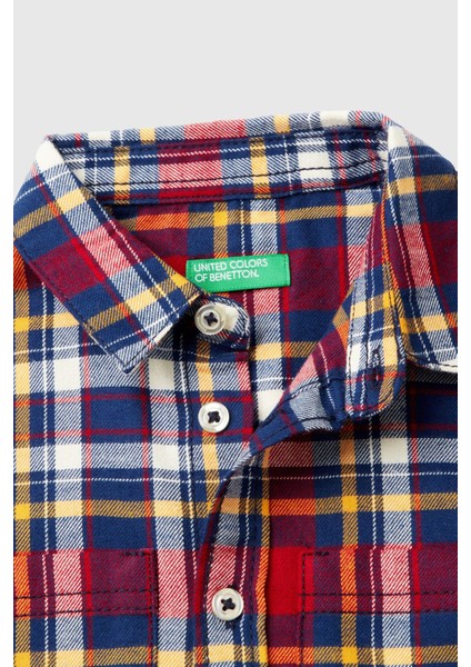 Erkek Çocuk Önü Cepli Logolu Kareli Uzun Kollu Gömlek - Kırmızı Mix modelleri