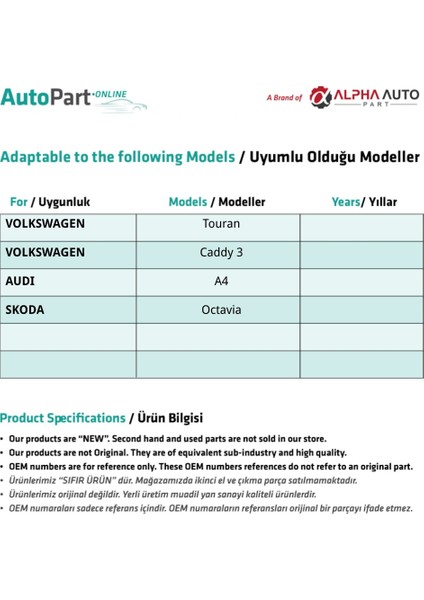 Volkswagen Touran, Caddy 3, Audi A4, Skoda Octavia Ön Kapılar Için Cam Kriko Makarası 10'lu fiyatları
