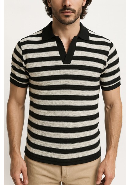 Siyah Beyaz Şeritli Regular Fit Erkek Polo Tshirt