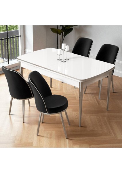 Nira Serisi 70X114 Mdf Açılabilir Beyaz Mutfak Masa Takımı 4 Siyah Sandalye Krom Detay