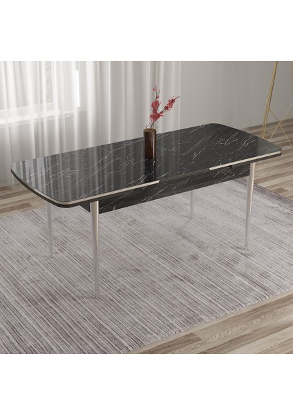 Nira Serisi 70X114 Mdf Açılabilir Beyaz Mutfak Masa Takımı 4 Siyah Sandalye Krom Detay modelleri