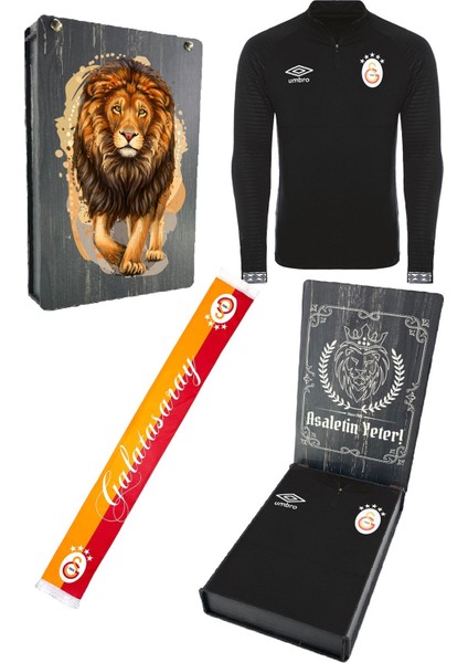 Orijinal Lisanslı Yarım Fermuar 5 Yıldızlı Siyah Sweat + Şal Kaşkol Set Hediyelik Ahşap Kutulu