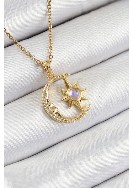 316L Çelik Zirkon Taşlı Kutup Yıldızlı Hilal Model Gold Renk Kadın Kolye