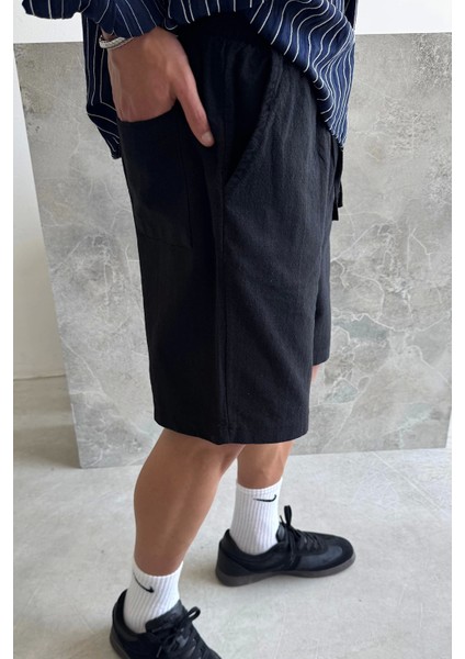 Siyah Basic Keten Şort modelleri
