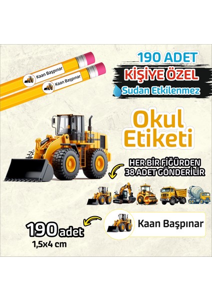 Okul Etiketi Kişiye Özel Kalem Defter Etiketi Iş Makinaları 190 Adet