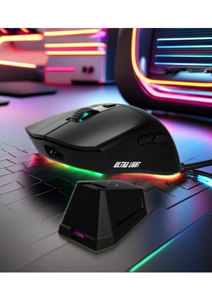 WD139 Şarjlı Standlı Bluetooth + 2.4ghz Dongle 1600DPI Ultra Hafif Şarjlı Oyuncu Mouse Kablosuz Oyuncu Faresi Siyah