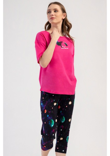 Pamuklu Kadın Büyük Beden Düşük Omuzlu Kısa Kol Kaprili Pijama Takım , 408363