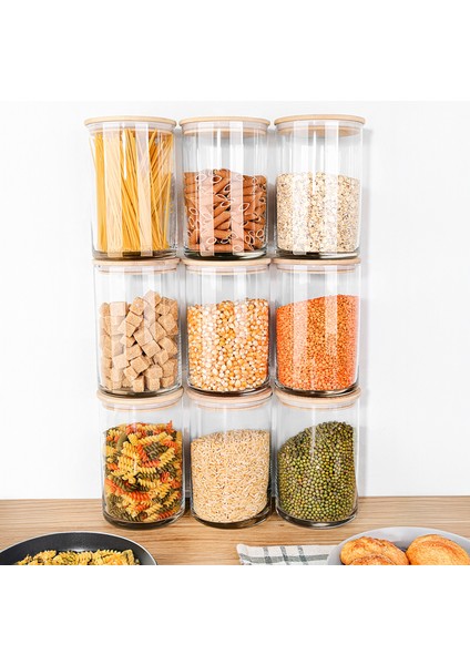 9'lu Bambu Kapak Cam Saklama Kabı - Etiketli Vakum Kapaklı Bakliyat Erzak Cam Kavanoz Seti 1050 ml