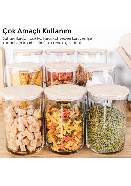 9'lu Bambu Kapak Cam Saklama Kabı - Etiketli Vakum Kapaklı Bakliyat Erzak Cam Kavanoz Seti 1050 ml fiyatları