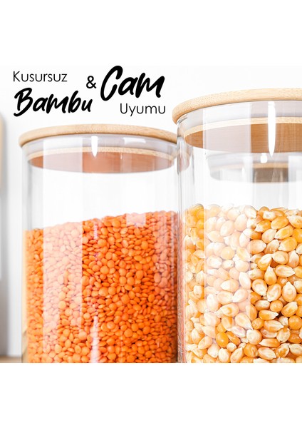 9'lu Bambu Kapak Cam Saklama Kabı - Etiketli Vakum Kapaklı Bakliyat Erzak Cam Kavanoz Seti 1050 ml indirimleri