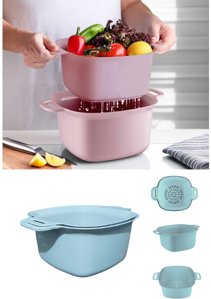 Badyalı Çok Amaçlı Süzgeç, Kulplu Makarna Meyve Sebze Süzgeci ve Karıştırma Kabı Seti 4 Litre Yeşil