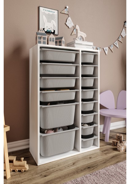 Mdf - Large Duo 14 Sepetli Oyuncak Dolabı Gri -Beyaz