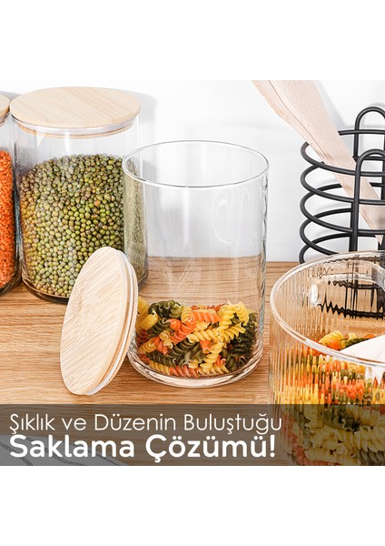 12'li Bambu Kapak Cam Saklama Kabı - Etiketli Vakum Kapaklı Bakliyat Erzak Cam Kavanoz Seti 1050 ml modelleri