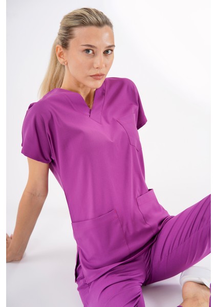 Menekşe Dr. Greys Modeli Likralı Hemşire Forması Yarasa Kol Doktor Scrubs Hastane Takımı